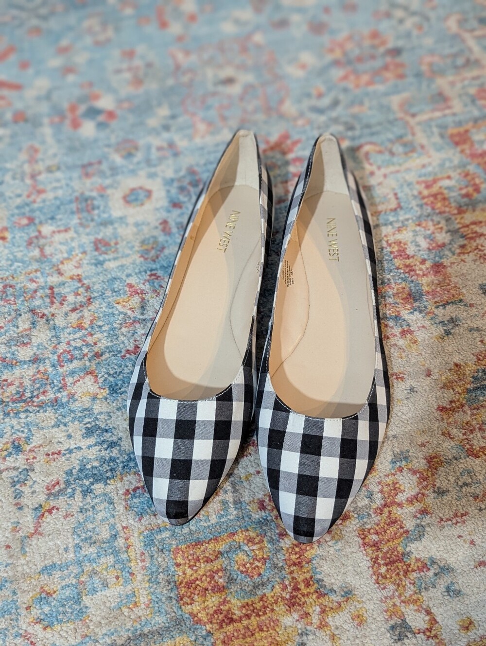 Nine West Wmns 10.5 M Gingham Check Black White Slip On Pointed Toe Ballet Flats - Picture 2 of 8